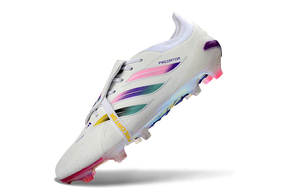 Close-up shot of Adidas Predator 26 Elite Tongue FG soccer cleats, showcasing their sleek design and premium materials.