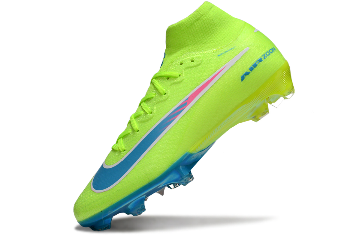 Close-up of Nike Air Zoom Mercurial Superfly X Elite FG soccer cleats, engineered for speed and agility