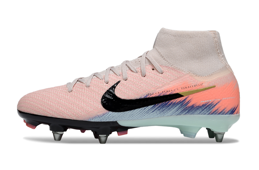Close-up of Nike Air Zoom Mercurial Superfly X Elite SG soccer cleat with dynamic features.