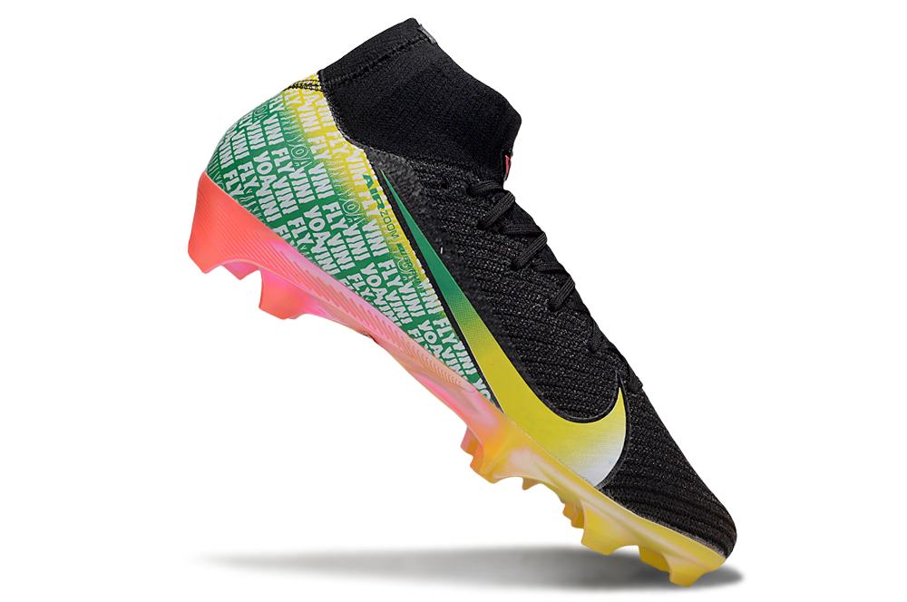 Nike Air Zoom Mercurial Superfly X Elite FG soccer cleats in Vini Jr. colorway from side angle
