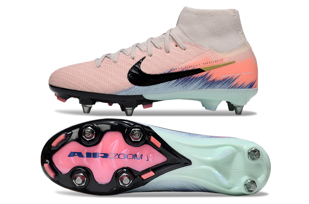 Angular view of Nike Air Zoom Mercurial Superfly X Elite SG soccer cleats with innovative design elements.