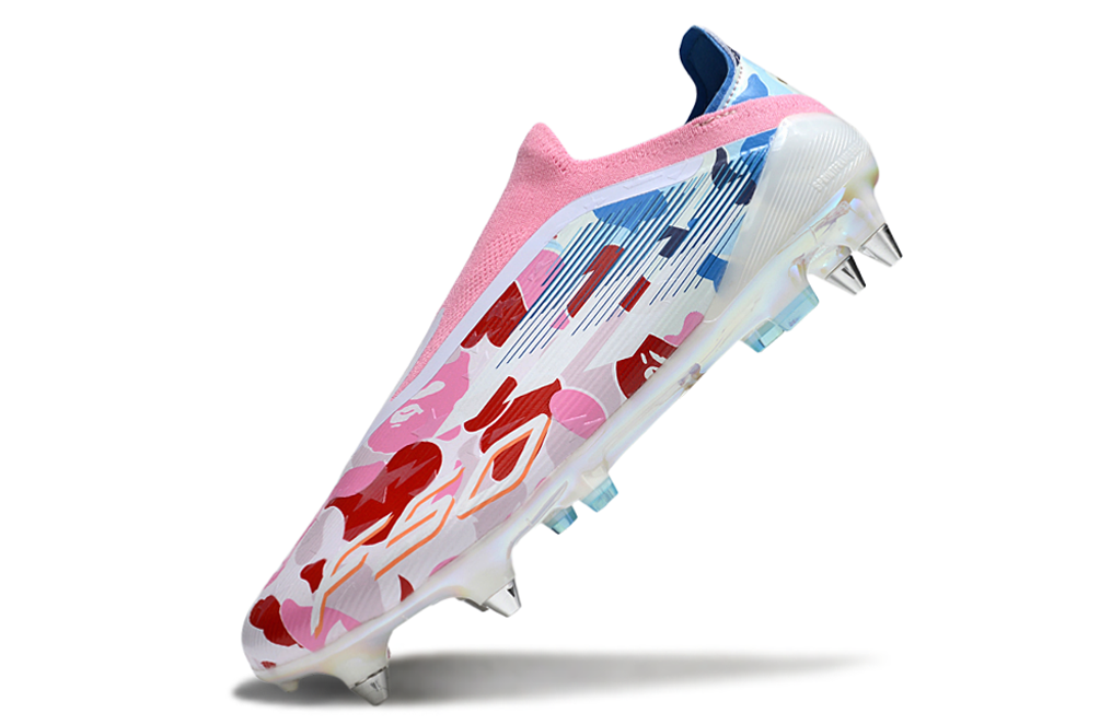 Adidas F50 x BAPE Elite SG Laceless side view – camouflage green upper with signature BAPE print and gold detailing.