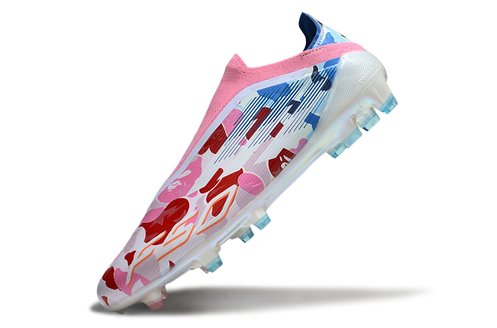 Adidas F50 Elite FG Laceless x BAPE football boots side view – limited edition camouflage green soccer cleats with BAPE print, designed for speed and control.