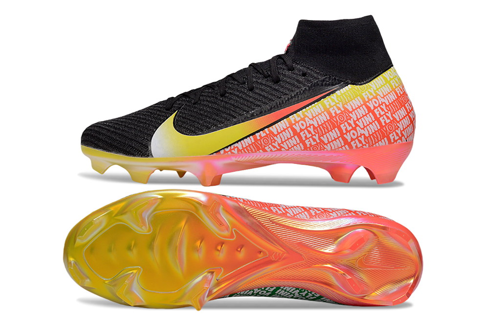 Detailed view of Nike Air Zoom Mercurial Superfly X Elite FG soccer cleats in Vini Jr. colorway
