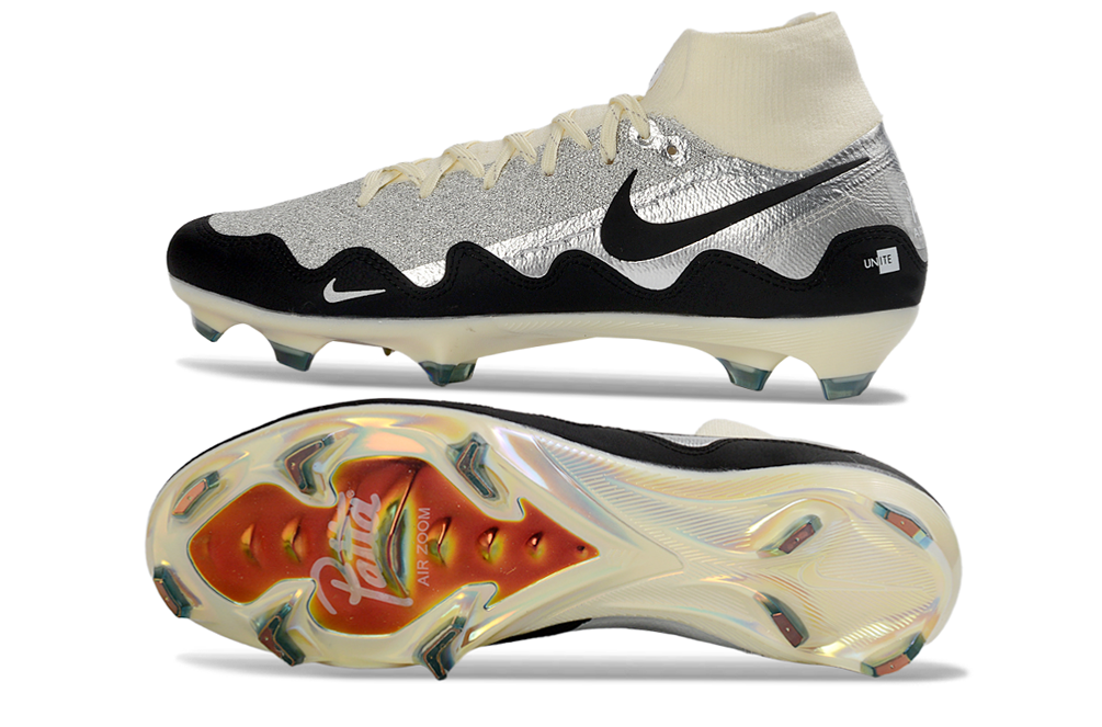 Side view of Nike Air Zoom Mercurial Superfly X Elite FG soccer cleats with White Waves and Patta design